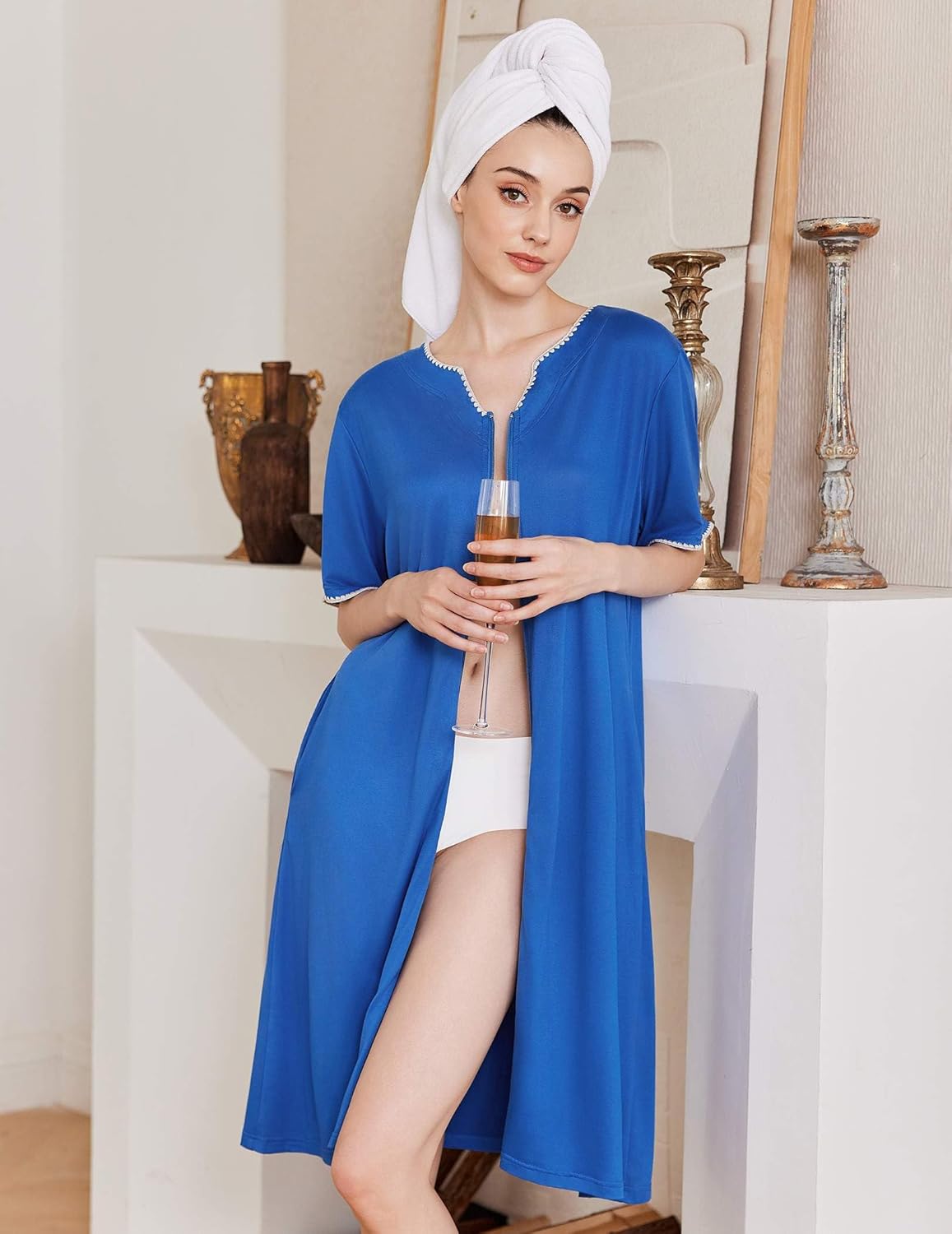 Blue zip-front knee-length bathrobe with short sleeves