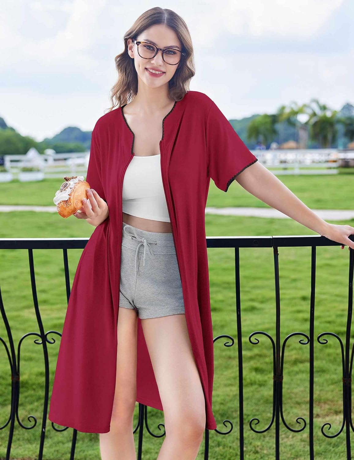 Knee-length zipper robe in wine red, open front with short sleeves and scalloped neckline.