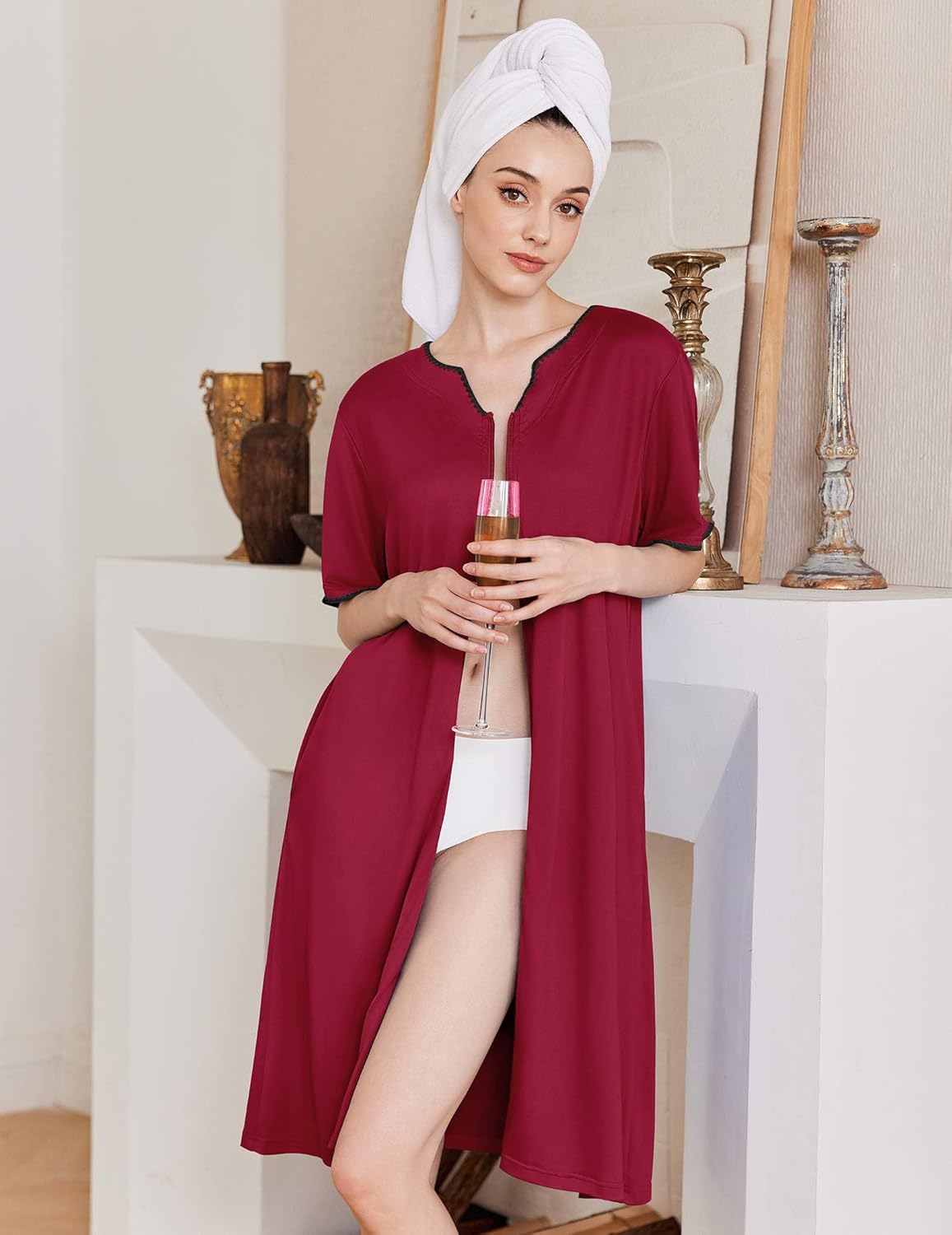 Knee-length zipper robe in wine red, open front with short sleeves and collar detail.