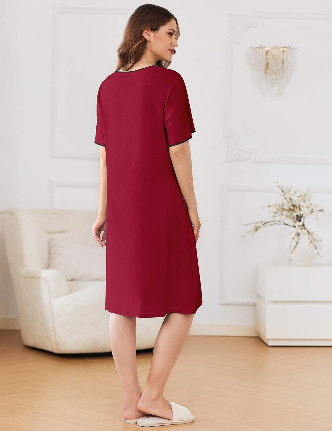 Knee-length zipper robe in wine red, back view with short sleeves and straight hem.