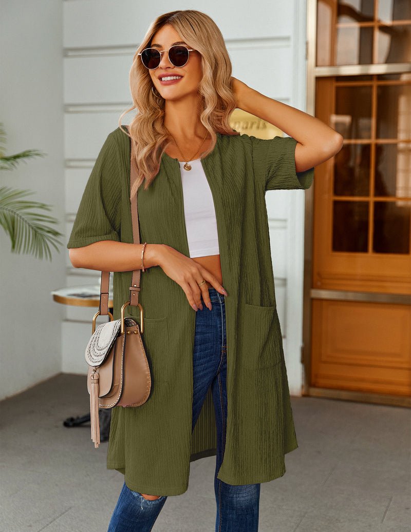 Strick-Kurz-Bademantel, khaki-grün, offene Front, kurze Ärmel, seitliche Taschen