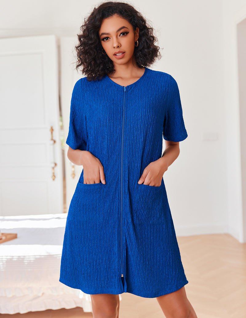 Zipper Strick-Kurz-Bademantel, blau, kurze Ärmel, Reißverschluss und Taschen