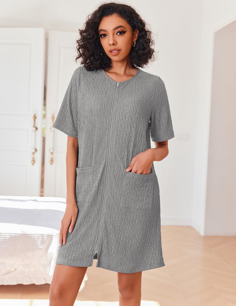 Grey knit short bathrobe with front button/zip placket and side pockets