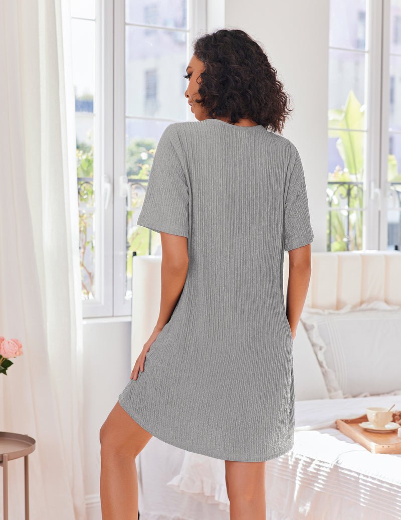 Grey knit short bathrobe back view with relaxed fit and short sleeves