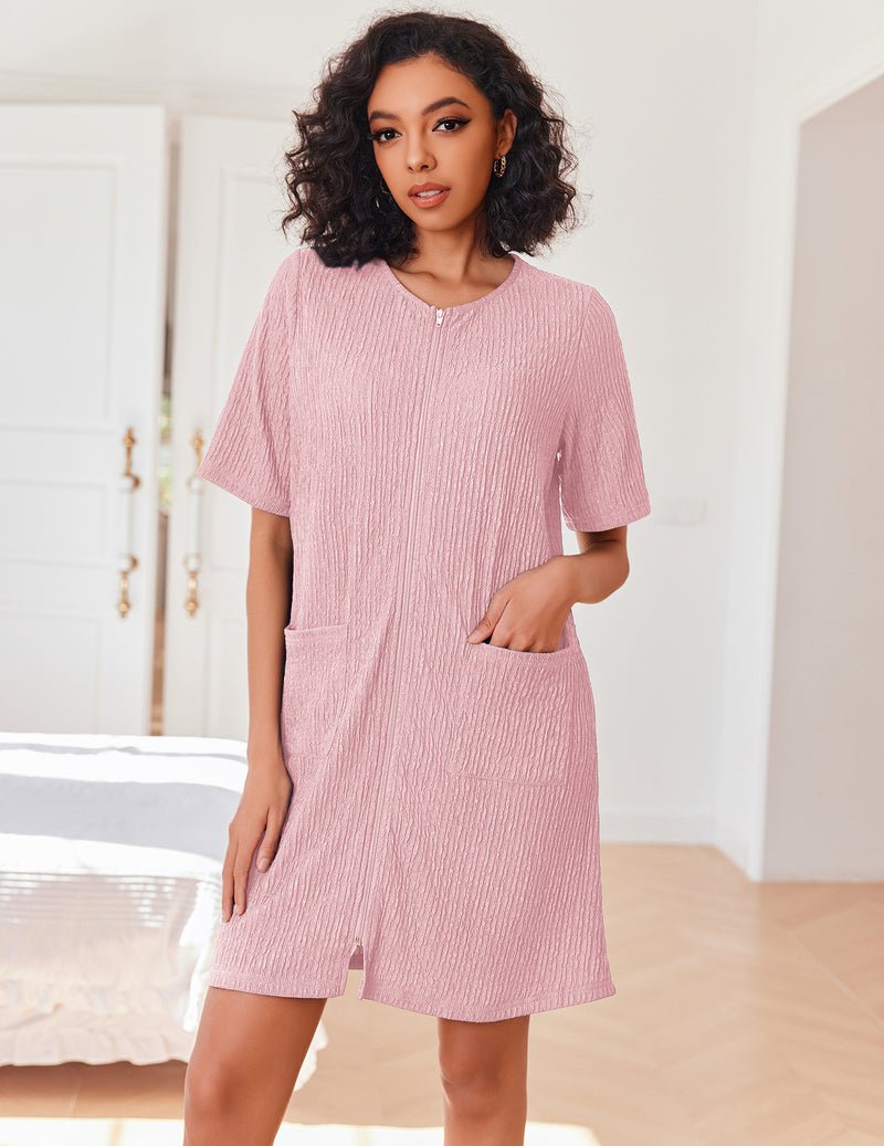 Zipper Strick-Kurz-Bademantel, rosa, offene Vorderseite mit Reißverschluss, Taschen