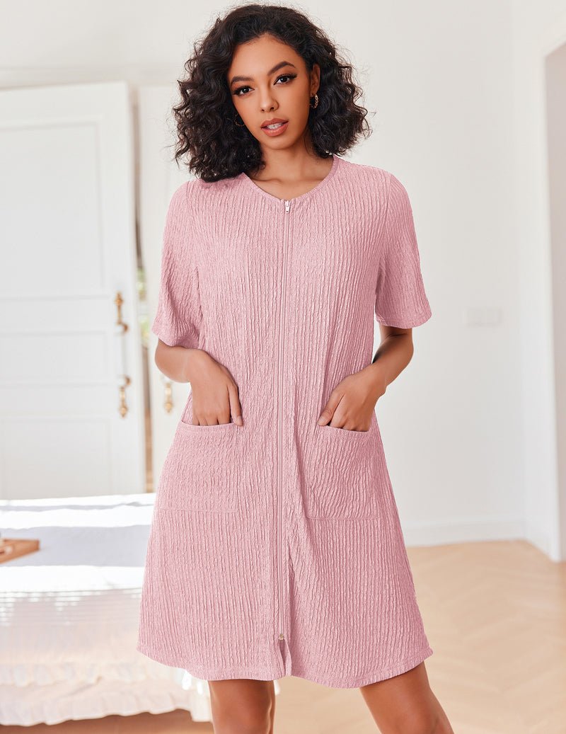 Zipper Strick-Kurz-Bademantel, rosa, kurze Ärmel, Reißverschluss und Taschen