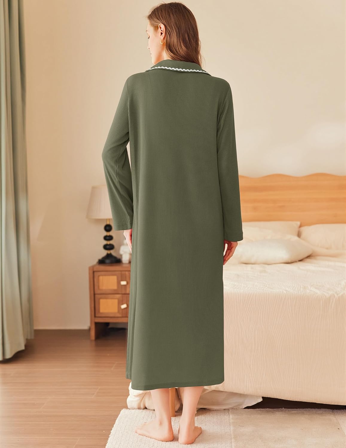 Army green long waffle-knit bathrobe with zip front and contrast trim, back view