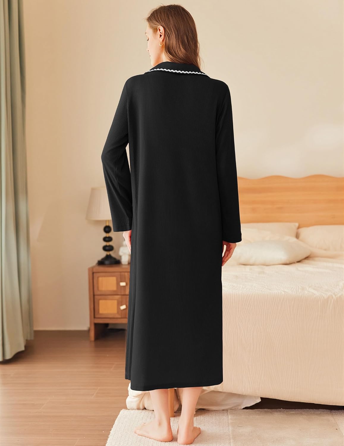 Black long bathrobe, back view, full-length waffle knit with zip