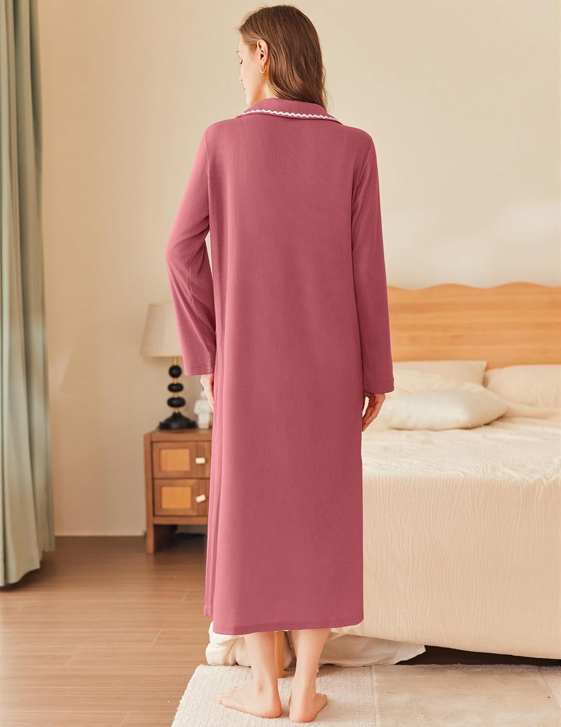 Wine red long bathrobe, back view, waffle-knit zip robe with trim