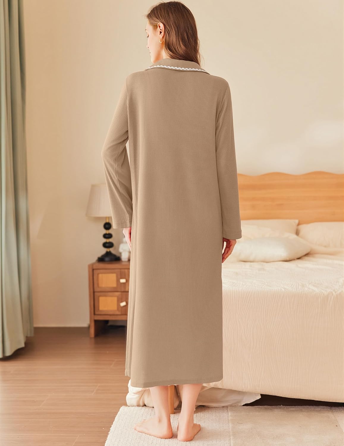 Khaki long bathrobe, back view, waffle knit with contrast collar trim