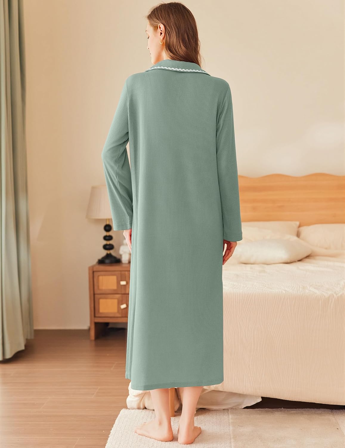 Mint green long bathrobe, back view, waffle knit with contrast trim at collar