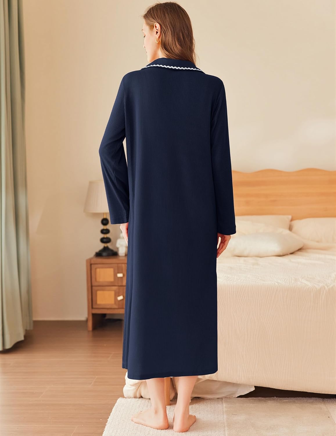 Navy blue long bathrobe back view, full-length waffle-knit zip robe