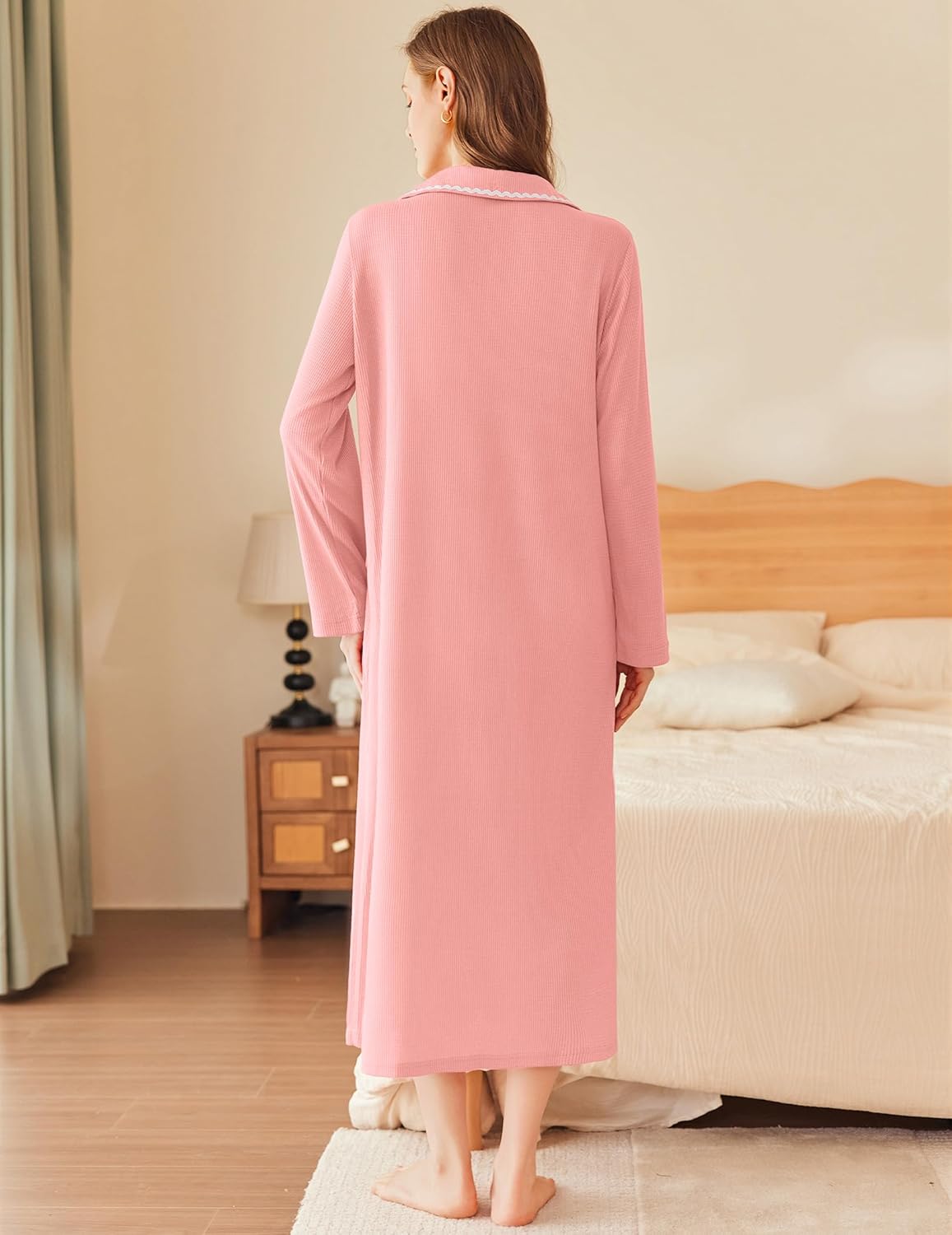 Pink long waffle bathrobe with hooded head wrap, zip-front, back view