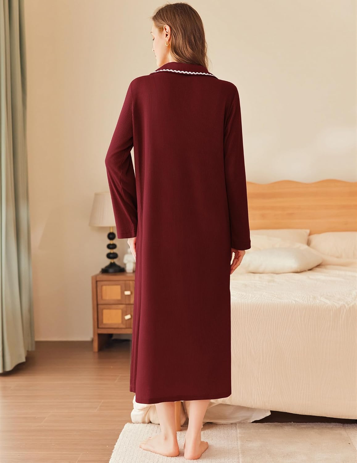 Wine red long bathrobe, back view, waffle knit with contrast collar trim