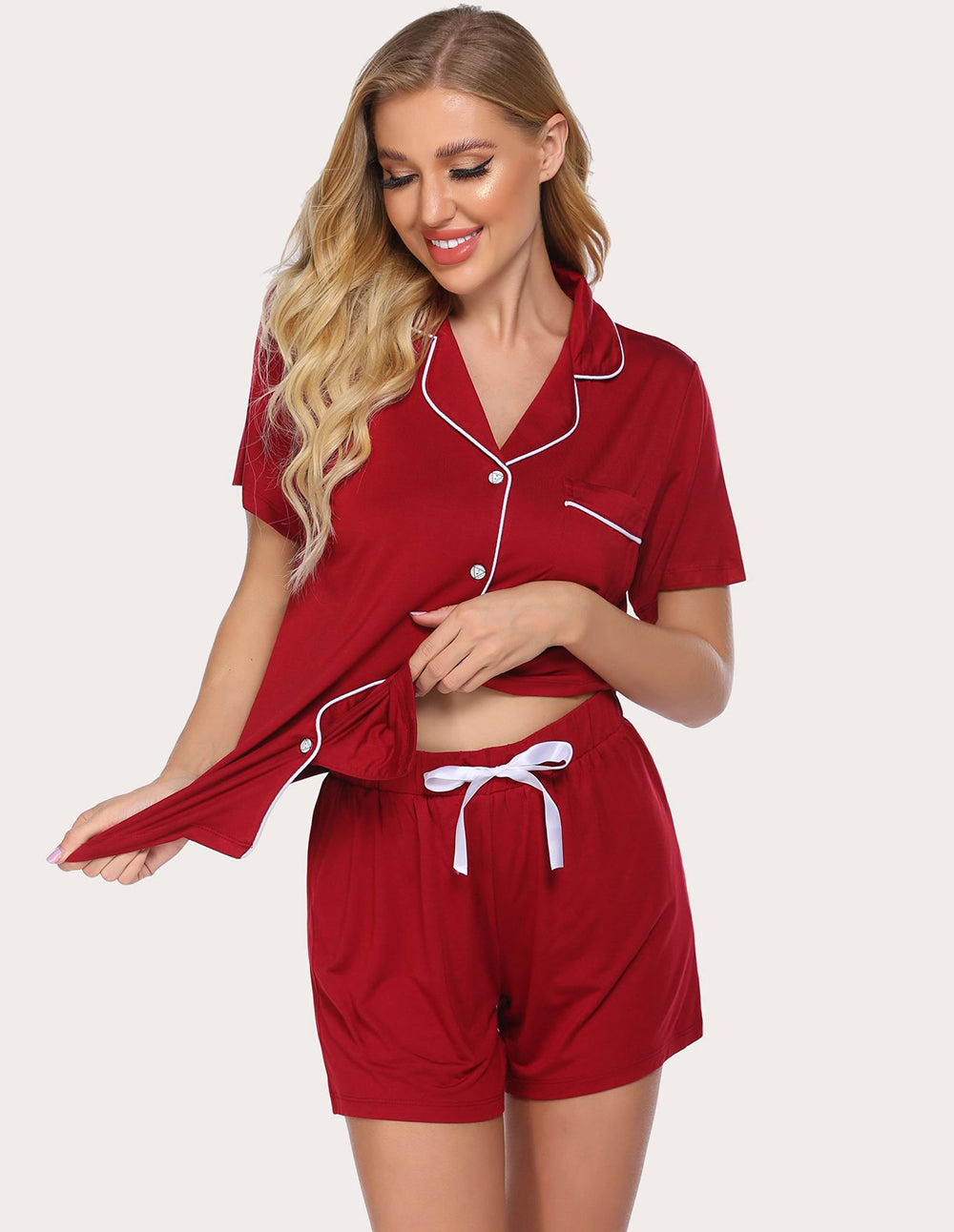Ekouaer Contrast Piping Pocket Patched Pajama Set