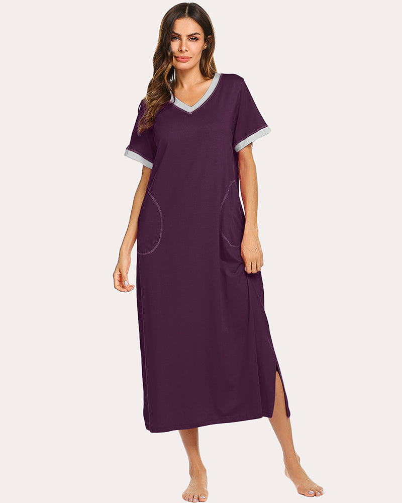 Ekouaer Dames Nachthemden Lange Mouwen Nachthemd Contrasterende Kleuren Nachthemd met V-hals Zachte Winter Nachtkleding S-XXL, Grijs, M Ekouaer Dames Nachthemden Lange Mouwen Nachthemd Contrasterende Kleuren Nachthemd met V-hals Zachte Winter Nachtkleding S-XXL, Grijs, M