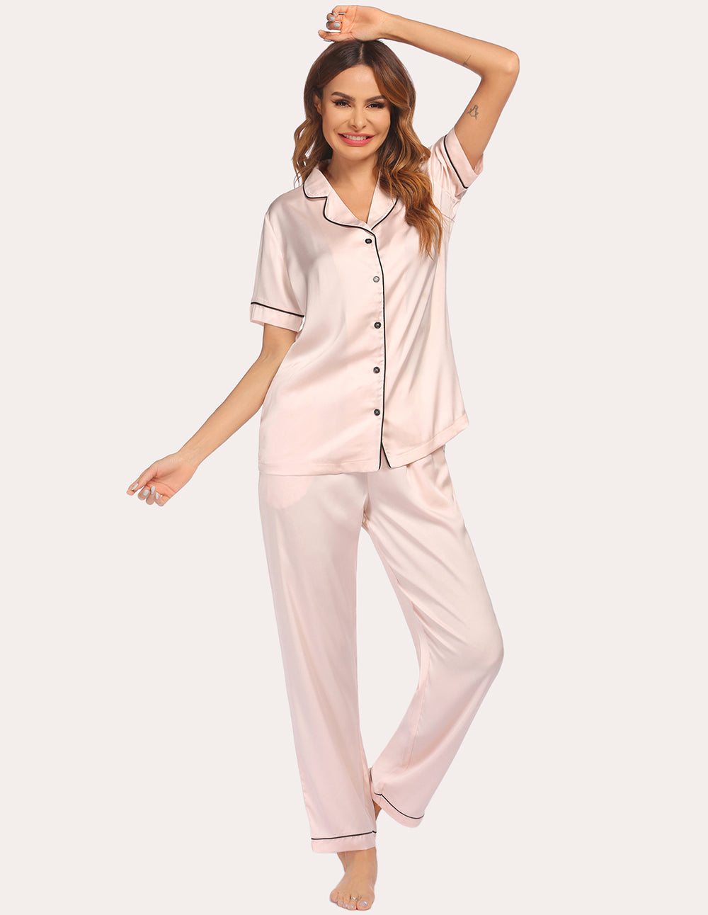 Ekouaer Turn-down Collar Satin Pajamas Set
