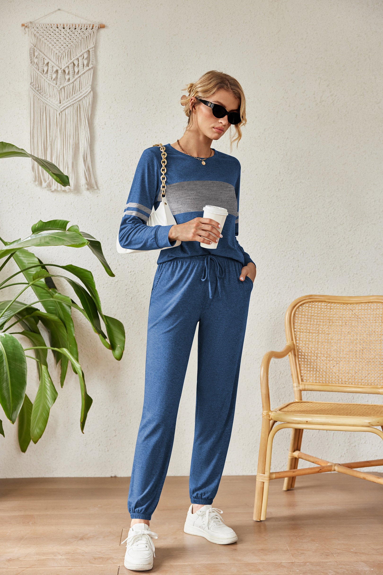 Ekouaer Colorblock Sweatsuits Pajama Sets with Pocket