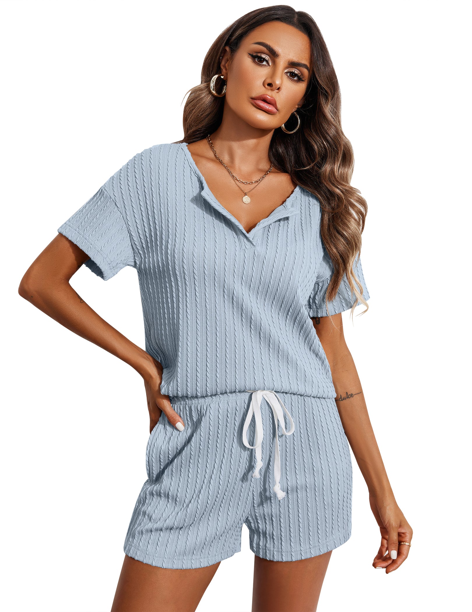 Ekouaer Ribbed Knit Short Sleeve Pajama Sets