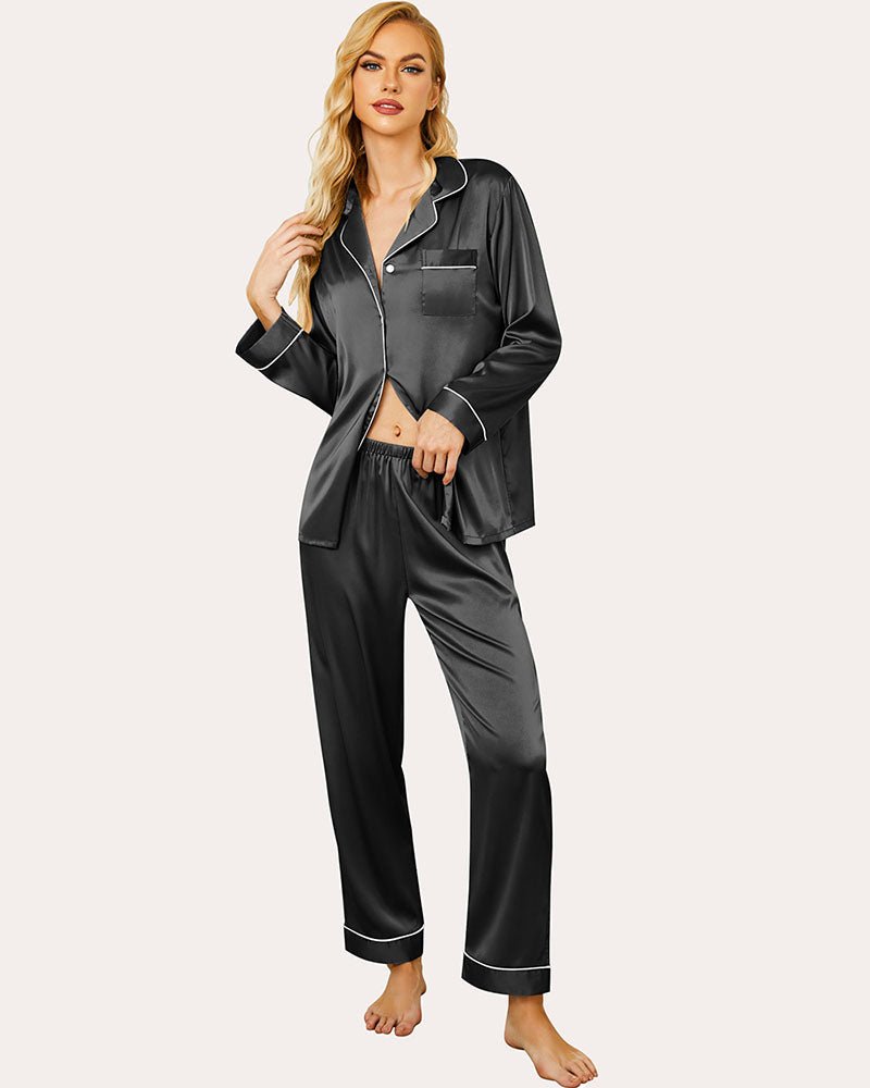 Dark satin pajama set with button-front shirt, notched collar, and drawstring pants