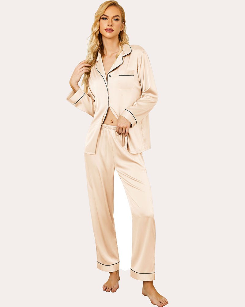 Champagne satin pajama set with button front shirt and matching ankle-length pants