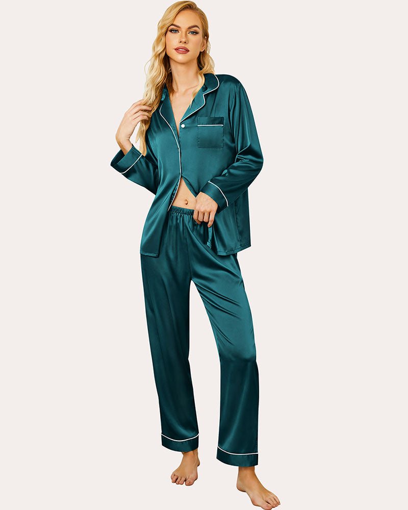 Teal satin pajama set with button front collared shirt and matching ankle-length pants