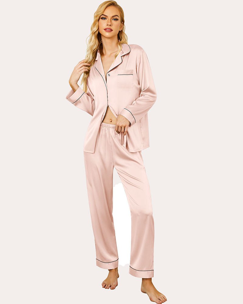 Light pink satin pajama set with button front shirt and cuffed matching pants