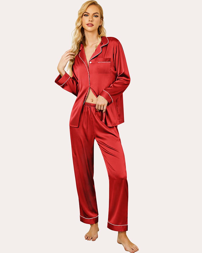 Red satin pajama set with button-front shirt, notched collar, and drawstring pants