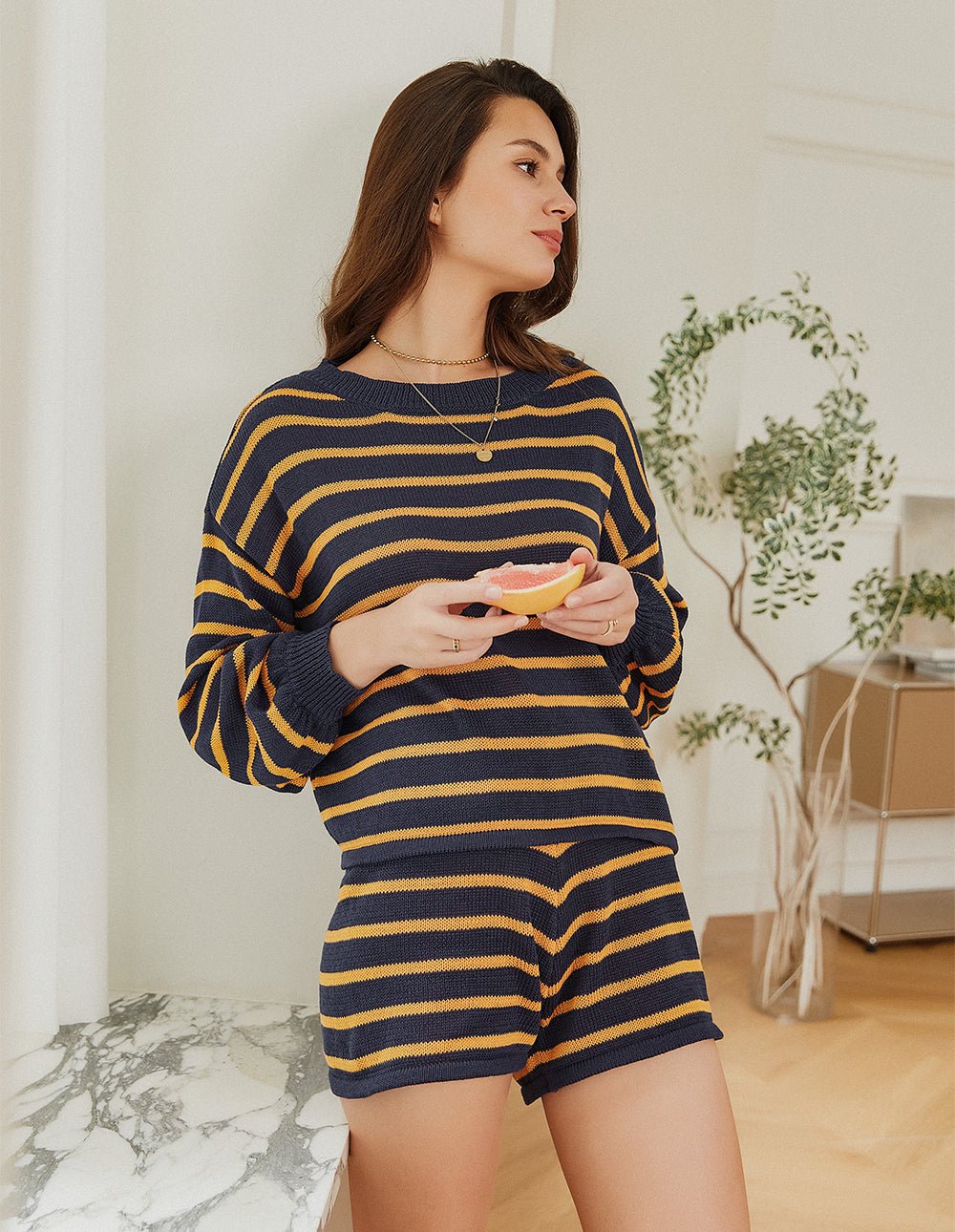 Navy and orange striped drop-shoulder lounge set with long-sleeve top and matching shorts