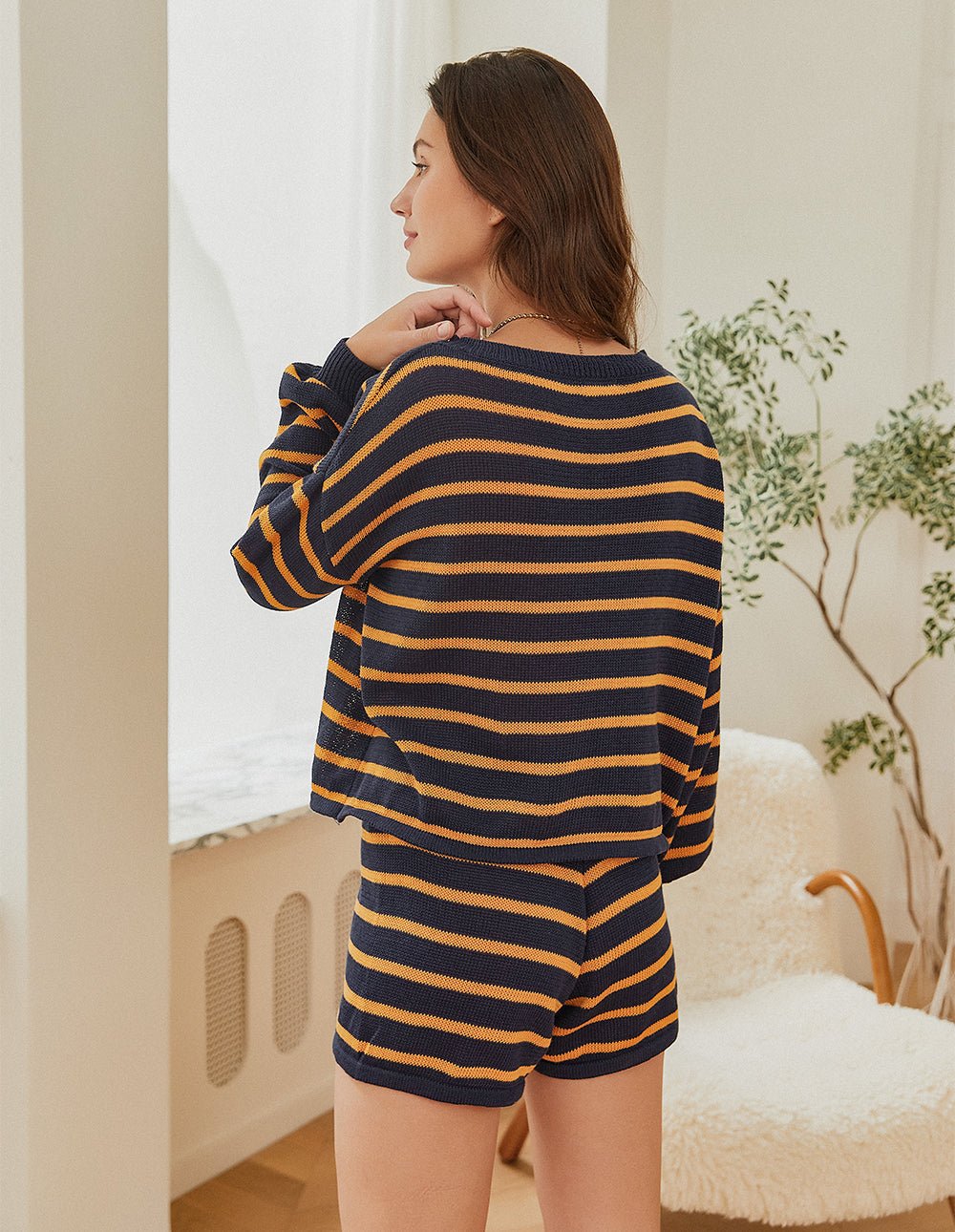 Navy and orange striped drop-shoulder lounge set, long-sleeve top and shorts, back view