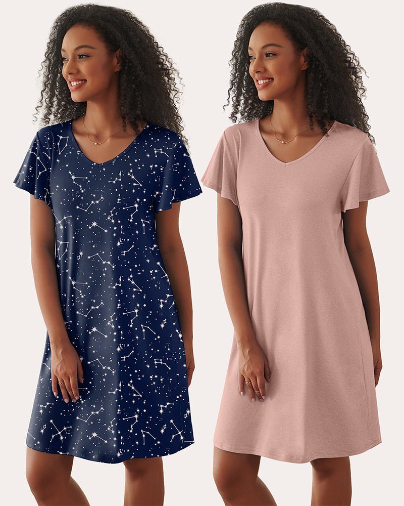 2-pack V-neck short-sleeve sleep dress: navy star print & blush solid