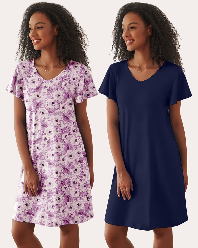 2-pack V-neck short-sleeve sleep dress: purple rose floral & dark navy solid
