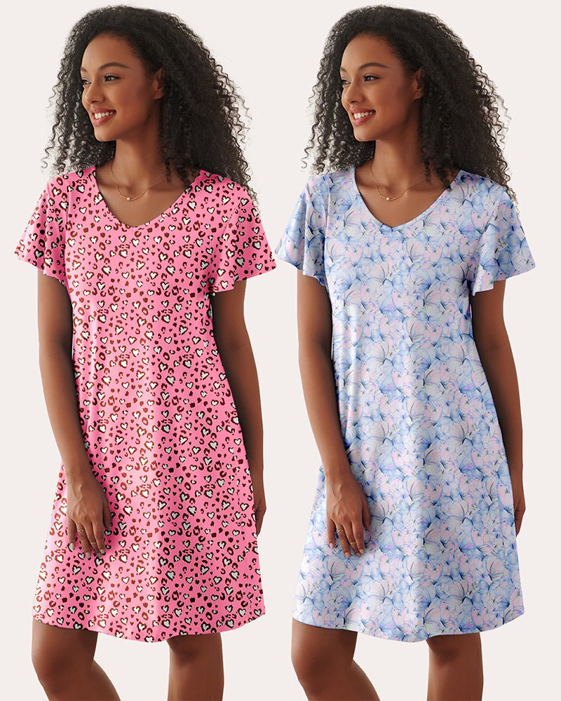 2-pack V-neck short-sleeve sleep dress: pink heart print & light blue floral