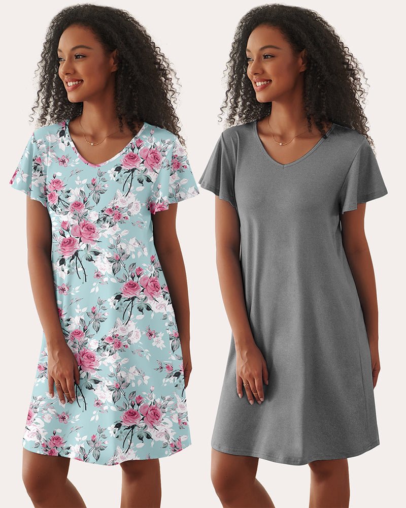2-pack V-neck short-sleeve sleep dress: aqua rose floral & gray solid