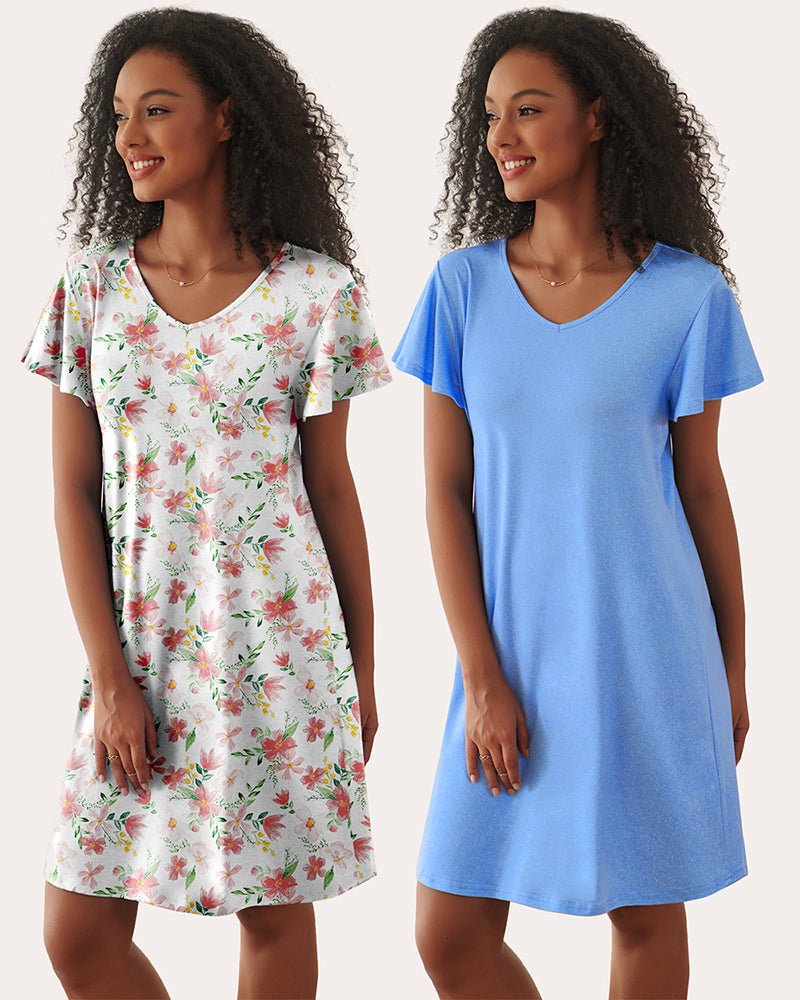 2-pack V-neck short-sleeve sleep dress: white floral print & bright blue solid