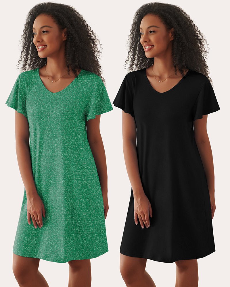 2-pack V-neck short-sleeve sleep dress: green solid & black solid