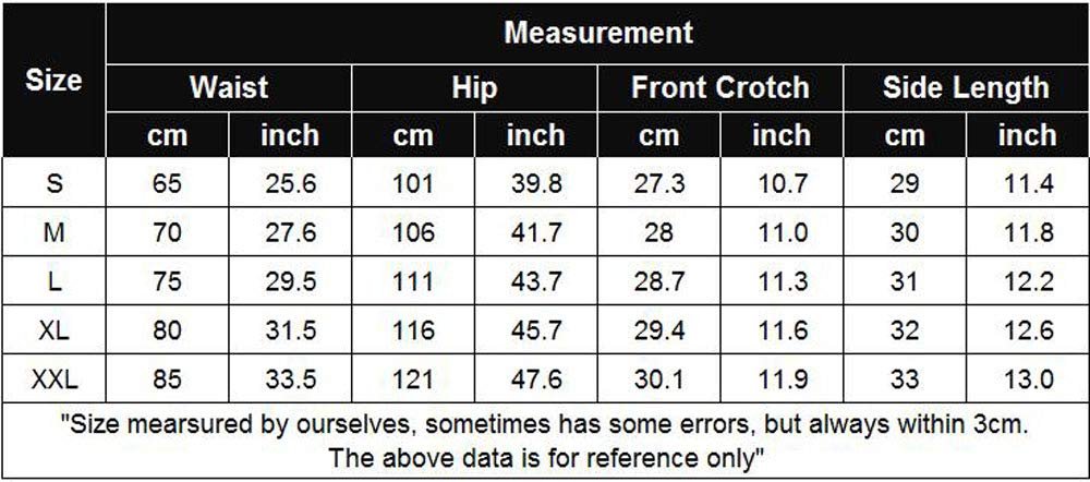 Pajama shorts measurement chart: size, waist, hip, front crotch, side length