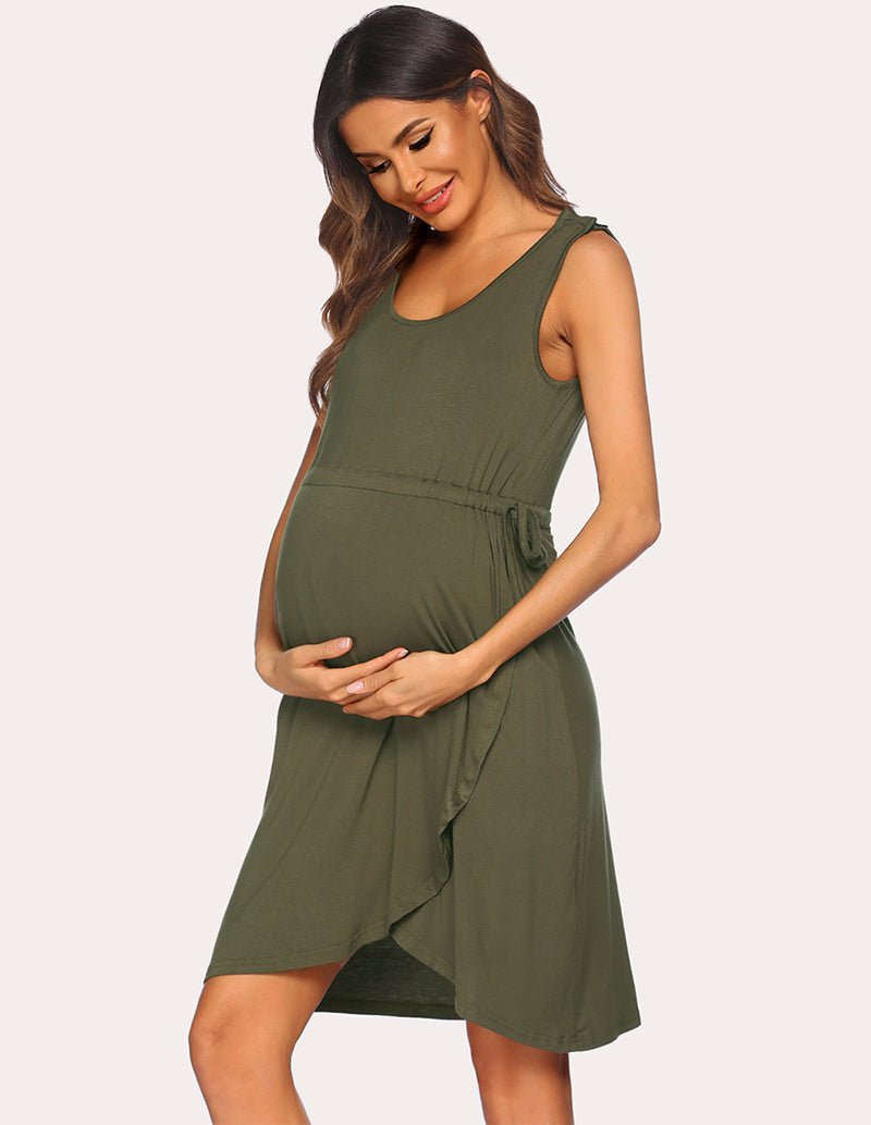 Army green maternity nightdress, sleeveless scoop neck, asymmetrical wrap hem