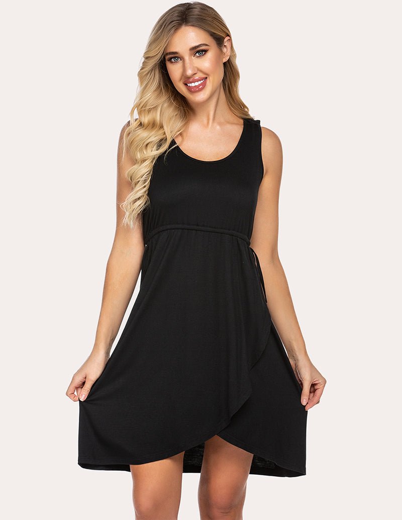 Black maternity nightdress with sleeveless scoop neck and gathered empire waist, knee length