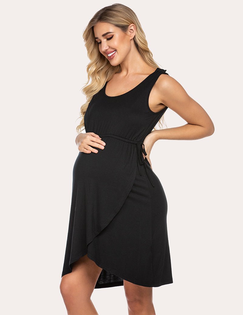 Black maternity nightdress with drawstring waist and wrap front, knee length