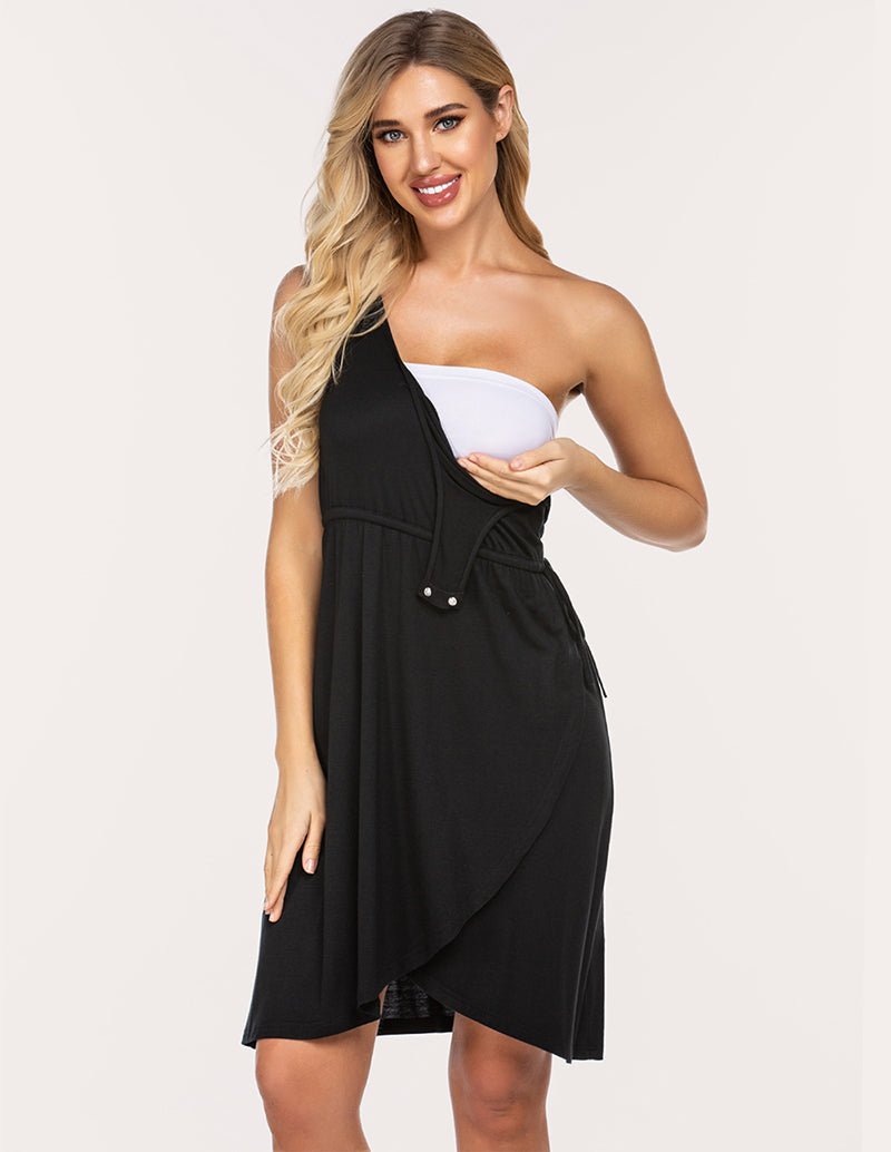 Black 3-in-1 maternity nightdress with nursing overlay over white strapless bra
