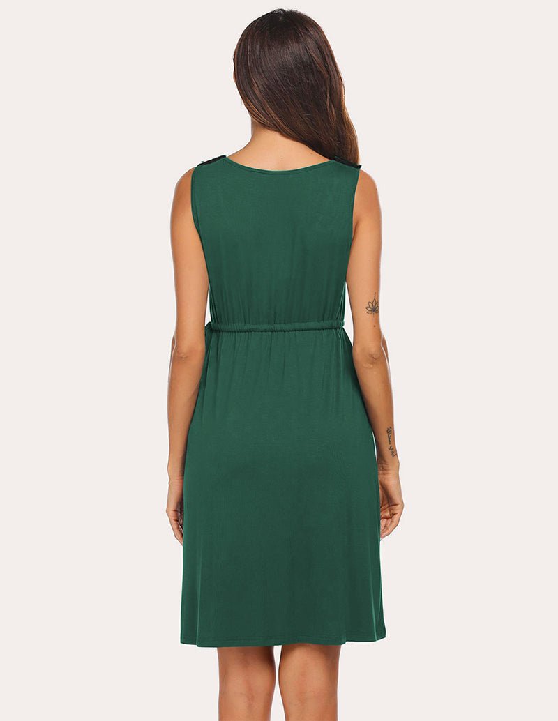 Maternity nightdress in dark green sleeveless with gathered waist and straight back hem