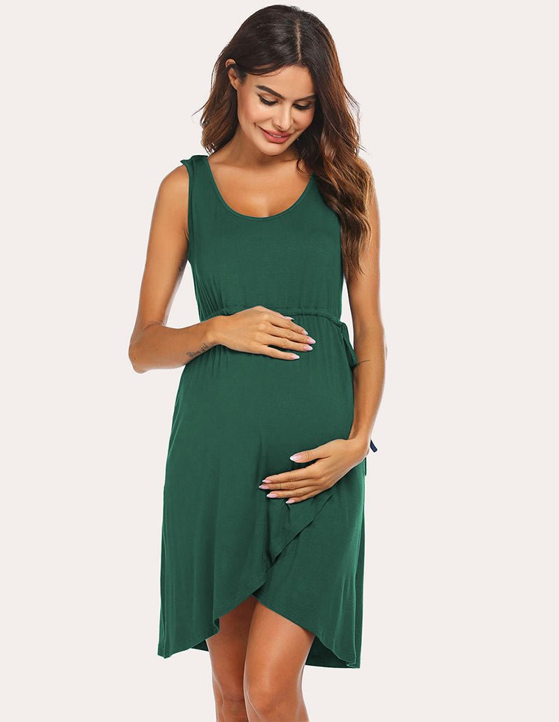 Maternity nightdress in dark green sleeveless with drawstring tie and asymmetrical draped hem
