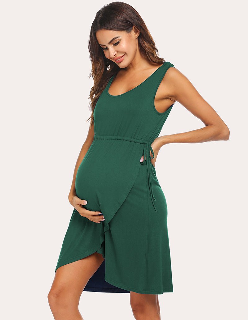 Maternity nightdress in dark green sleeveless with tied waist and one-side draped panel