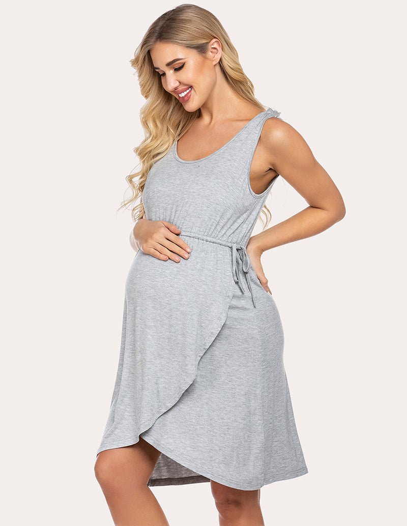Maternity nightdress in light grey sleeveless with tied waist and draped crossover skirt