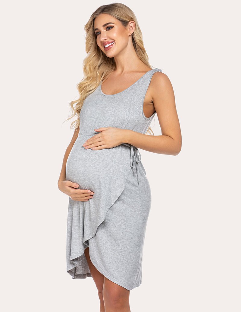 Maternity nightdress in light grey sleeveless with crossover drape and tied side waist