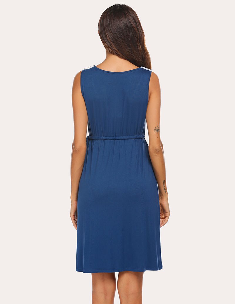 Maternity nightdress back view, sleeveless scoop neck, ruched waist, blue midi length