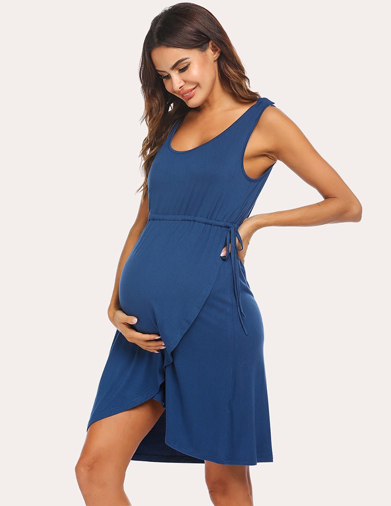 Maternity nightdress side view, sleeveless scoop neck, drawstring ruched waist, blue asym hem