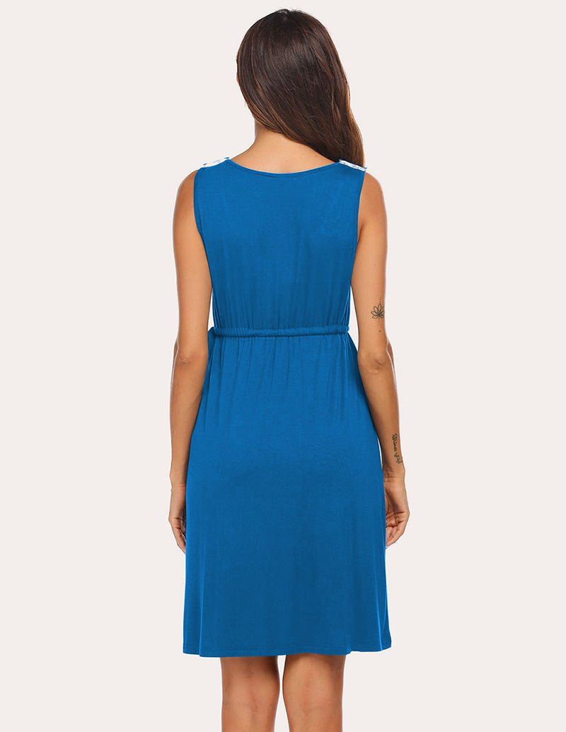 Maternity nightdress back view, sleeveless scoop neck, gathered empire waist, blue midi