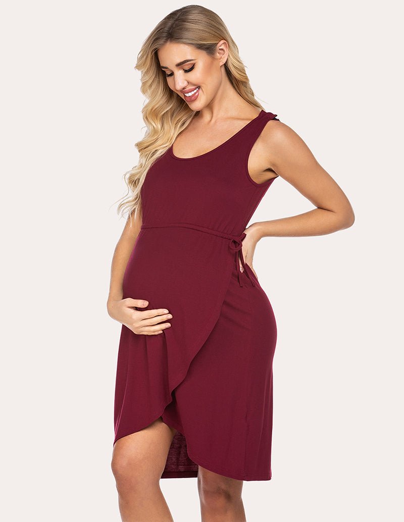 Wine red maternity nightdress with side drape, sleeveless cut and gathered waist